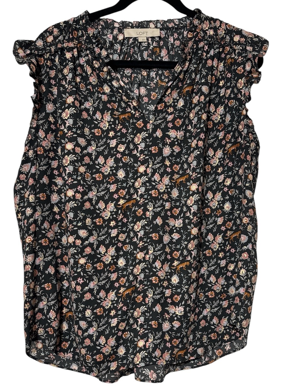 LOFT Floral Ruffle Cap-Sleeve V-Neck Shell